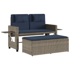 vidaXL Reclining Patio Bench with Cushions - Gray Poly Rattan 2-Seater Outdoor Loveseat/Sofa Bed with Adjustable Backrest, Side Table & Storage - 1 of 4