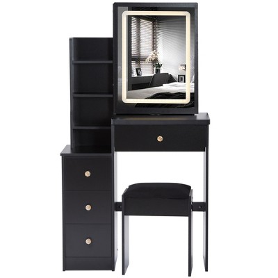 Makeup Vanity Desk with Mirror and Lights, Makeup Table Set With Stools & 4 Drawers, Small Brightness Adjustable Dressing Table for Bedroom