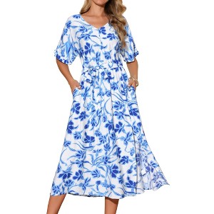 INSPIRE CHIC Women's Summer Boho V Neck Short Sleeve Tie Waist Flowy Floral Slit Beach Maxi Dress - 1 of 4