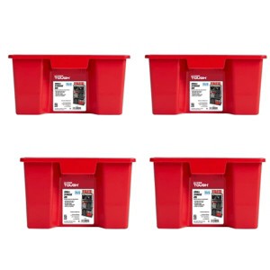 (4 pack) Garage Storage Bin Small Plastic Nesting/Stacking, Red - 1 of 4