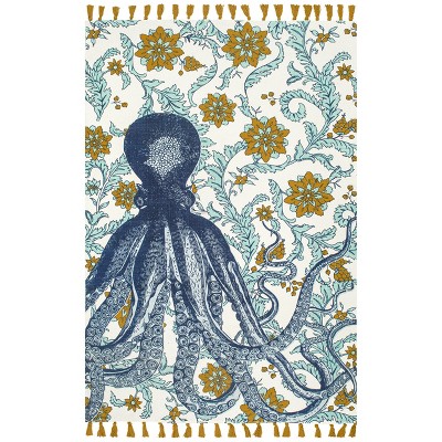 Handmade Octopus Floral Cotton Area Rug, 7'6" x 9'6", Multicolor