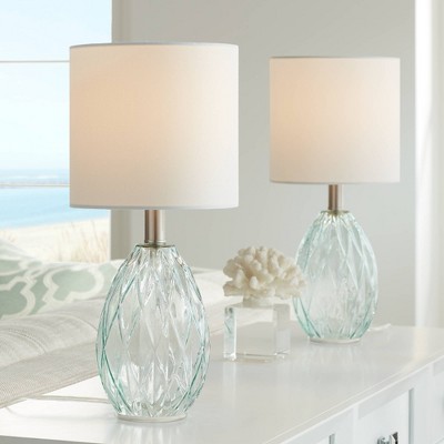 Set of 2 Blue Glass Coastal Table Lamps with White Fabric Shades