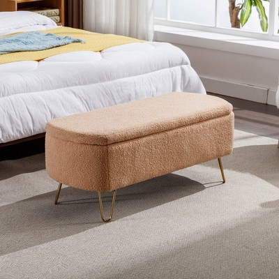 Storage Ottoman Bench, Storage Bench With Safety Hinge, Metal Feet Faux Fur Upholstered Storage Bench