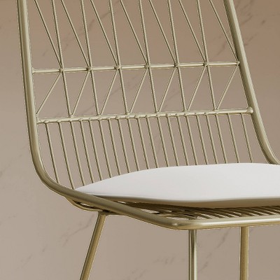Set of 2 Light Brass Iron Counter Stools with Ivory Cushions