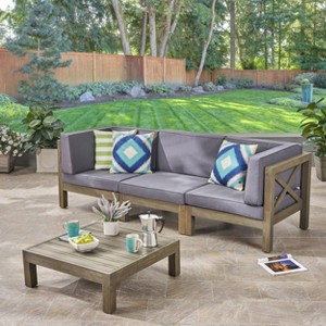 Brava 4pc Acacia Modular Sofa and Table Set: Weather-Resistant, Cross-Back - Christopher Knight Home - 1 of 4