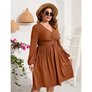 Coolmee Women's Plus Size Dress V Neck Long Sleeve Front Knotted Elastic Elegant Dress A Line Knee Length Midi Dress - 1 of 4