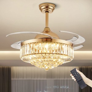Ludomide 48 Inch Crystal Ceiling Fan with Light and Remote Modern Dimmable Fandelier Invisible Retractable Chandelier Fan Gold for Bedroom Living Room - 1 of 4