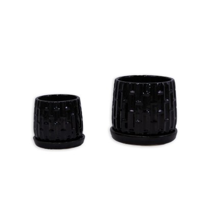 VisioGear 2PCS Ceramic Flowerpot, 7" Modern Planter for Patio, Garden, Windowsill, Black, 7.88"*7.88"*7.09"