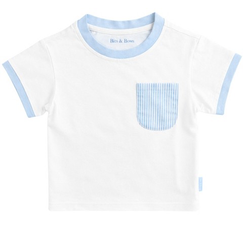 Bits & Bows Kids Boys' Blue Seersucker Pocket Crewneck T-Shirt, White 5/6