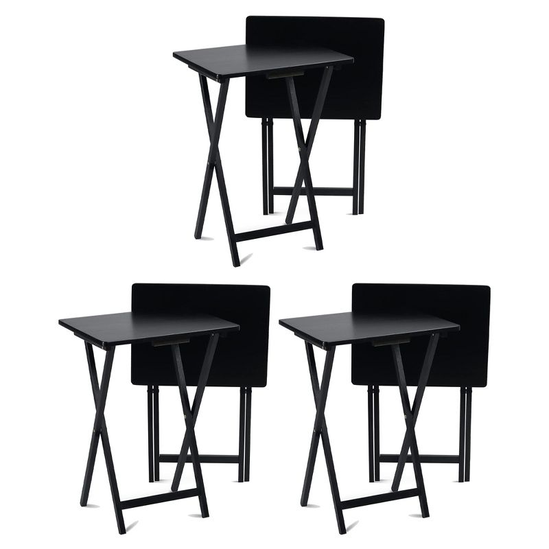 PJ Wood Conventional Solid and Sturdy Wood Construction Portable Folding TV Snack Tray Table Desk Serving Stand, Black (6-Piece Set), 1 of 7