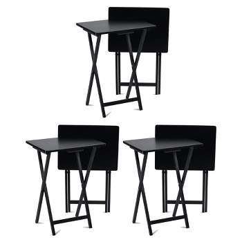 PJ Wood Conventional Solid and Sturdy Wood Construction Portable Folding TV Snack Tray Table Desk Serving Stand, Black (6-Piece Set)