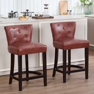 Sapphtopaz 2PCS Retro Bar Stools with Leather Upholstered Wooden Counter Height Bar Stools with Curved Button Backrest for Kitchen Island - 1 of 4