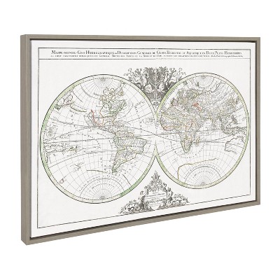 Vintage World Map Framed Canvas Wall Art, 36" x 27"