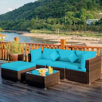 Costway 5PCS Outdoor Patio Rattan Furniture Set Sectional Conversation Turquoise\Navy\Black Cushion