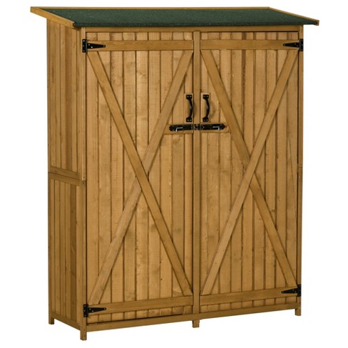Outsunny Outdoor Storage Cabinet Wooden Garden Shed Utility Tool Organizer  with Waterproof Asphalt Rood, Lockable Doors, 3 Tier Shelves, Natural