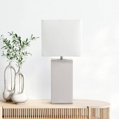 White Modern Leather Nightstand Lamp with Rectangular Shade