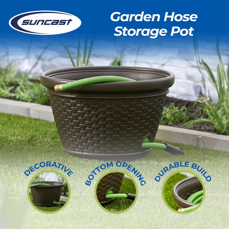 Suncast 100 Foot Resin Wicker Garden Water Hose Caddy Storage Holder Pot, Java, 2 of 7