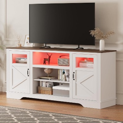 Acekool Farmhouse TV Stand with LED Lights, Elegant Entertainment Center for 65 Inch TVs, with Storage Cabinets and Open Shelves