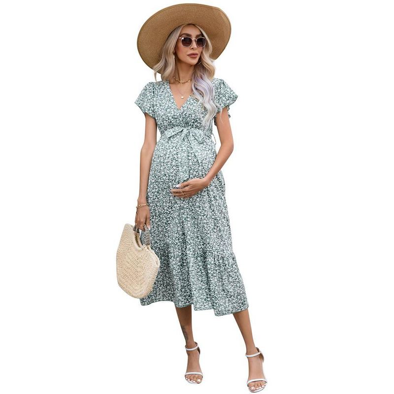 Women's Maternity V Neck Wrap Maxi Summer Dress Short Sleeve Boho Casual Nursing Dress Baby Shower Photoshoot Belt, 1 of 8