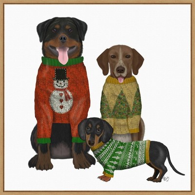 22" x 22" Christmas Dogs Ugly Sweater Competition Framed Wall Canvas - Amanti Art