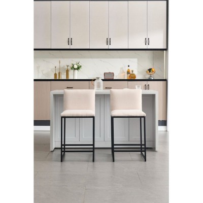 Ivory Counter Height Bar Stools Set of 2, Upholstered Linen Bar Stools