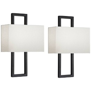 Possini Euro Design Modena Modern Wall Light Sconces Set of 2 Black Hardwire 9 1/2" Fixture Silvery Faux Silk Shade for Bedroom Reading Living Room - 1 of 4