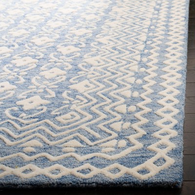 Handmade Blue Floral Tufted Wool Square Area Rug, 6' x 6'