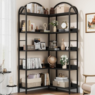 Arched Corner Bookshelf 68.5" Tall, Industrial Wood & Metal Bookcase for Home Office, 5-Tier Storage Shelf for Books/Toys/Decor