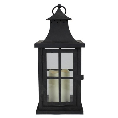 Melrose 14" Asian Inspired Black Iron Lantern with LED Flameless Pillar Candle