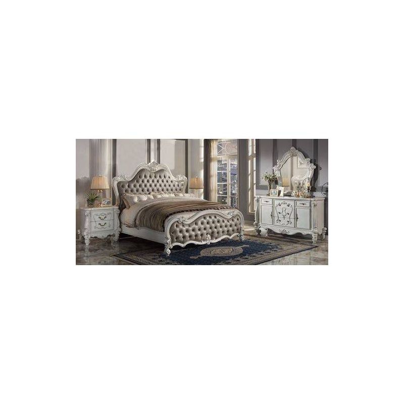 99&#34; Eastern King Bed Versailles II Bed Vintage Gray Synthetic Leather and Bone White Finish - Acme Furniture, 1 of 6