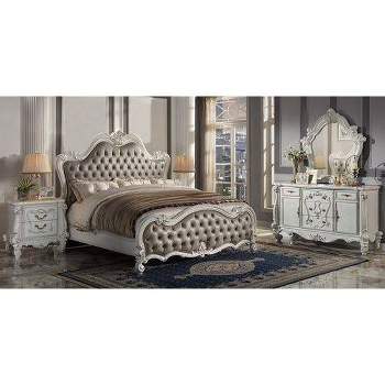 99" Eastern King Bed Versailles II Bed Vintage Gray Synthetic Leather and Bone White Finish - Acme Furniture