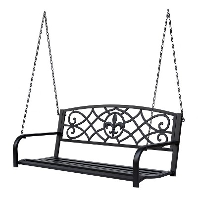 Outsunny Steel Hanging Porch Swing, Fleur-de-Lis Design Outdoor Swing Seat Bench with Chains for the Yard, Deck, & Backyard, 485 LBS Weight Capacity