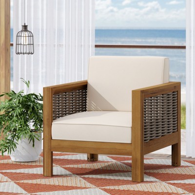 BEAFUP Outdoor Acacia Wood Club Chair with Wicker Accents, Teak Finish + Mixed Brown + Beige, 30.25"D x 27.5"W x 23.75"H