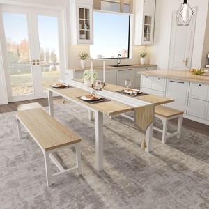 Extendable Dining Table Set for 6-8 People, Large 63" Wood Table with 2 Benches & 2 Stools, Space-Saving Kitchen Furniture for Small Homes - 1 of 4
