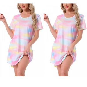 INSPIRE CHIC Women's 2 Pcs Curved-Hem Crew-Neck Striped Short-Sleeve Tee Dress Sleepshirt - 1 of 4
