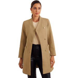 Allegra K Women's Button Down Stand Collar Long Sleeve Belt Winter Classic Long Coat - 1 of 4