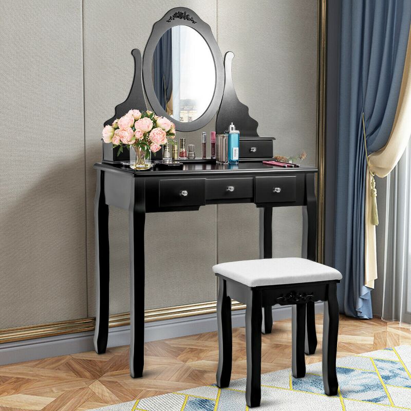 Costway Vanity Jewelry Wooden Makeup Dressing Table Set W/Stool Mirror & 5 Drawers Black, 5 of 11