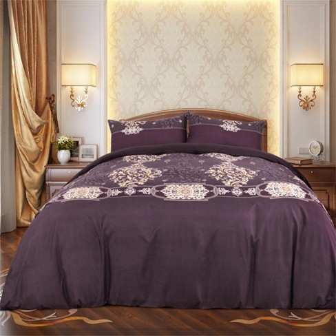 3 Pcs Microfiber Palace Style Pattern, Purple King Size Bedding Sets