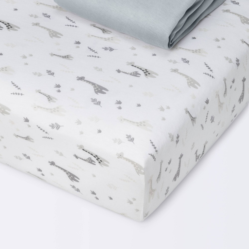 Fitted Jersey Crib Sheet - Cloud Island Giraffes/Dark Gray 2pk