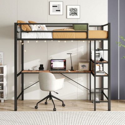 Twin Loft Bed with L-Desk, Shelves, Charging Station, LED Lights, Guard Rail, Ladder, Brown Wood, No Box Spring