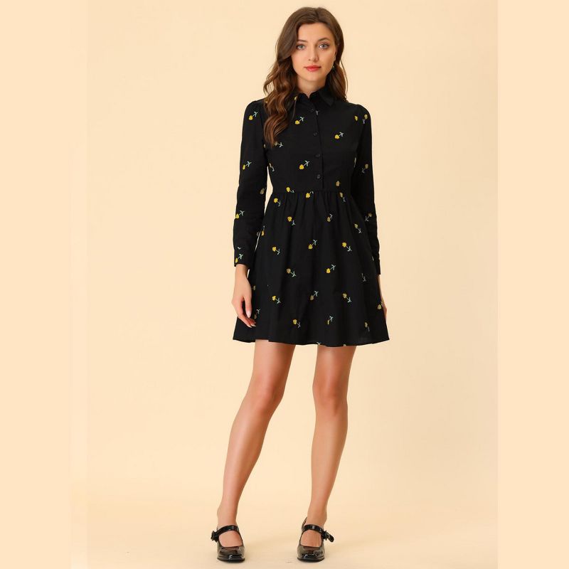 Allegra K Women's Casual Long Sleeve Half Placket Embroidered Floral Mini Shirt Dress, 3 of 7