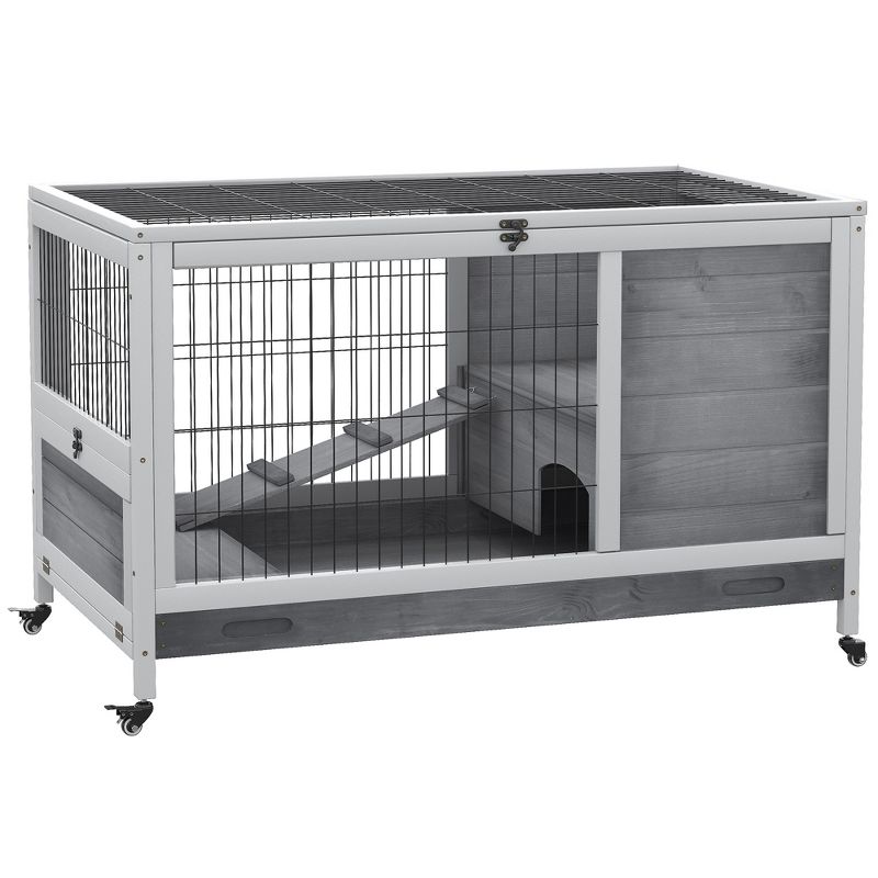 PawHut Wooden Rabbit Hutch Indoor Elevated Cage Habitat with No Leak Tray Enclosed Run with Wheels, Ideal for Rabbits and Guinea Pigs, 1 of 7