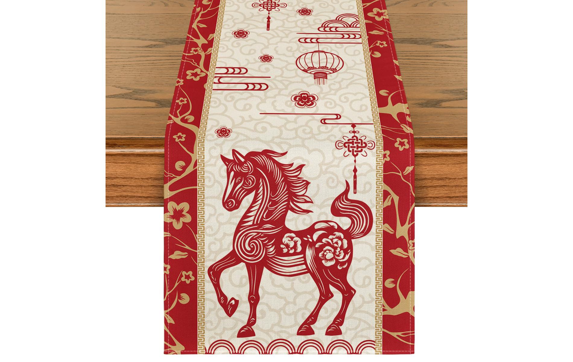 Paper Cutting Style Chinese Zodiac Horse Happy 2026 Lunar New Year Table Runner, 13x71 Inch