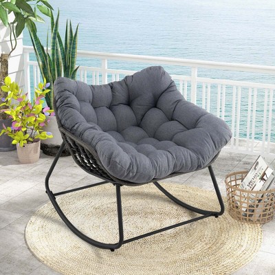 Costway 1 PCS Outdoor Rocking Chair Oversized Patio PE Wicker Egg Chair Rattan Lounge Chair Gray