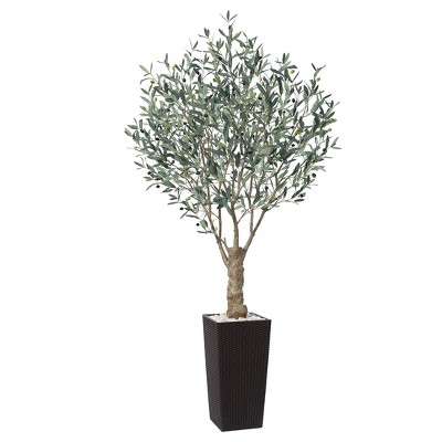 UV Resistant 6-7FT Artificial Olive Tree with White Tall Planter and Thick Trunk, Pre Potted Fake Tree for Indoor and Outdoor House Decor