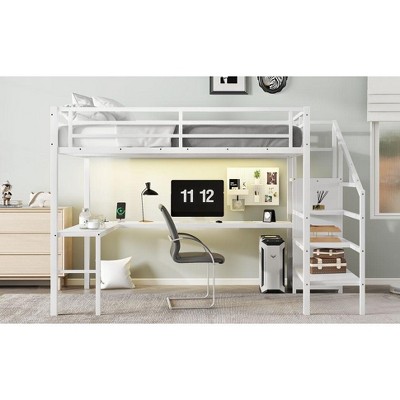 NicBex Loft Bed with L-Shaped Desk & USB,Metal Bunk Bed with Wardrobe,LED & Adjustable Shelves,High Loft Bed for Teens,Adults