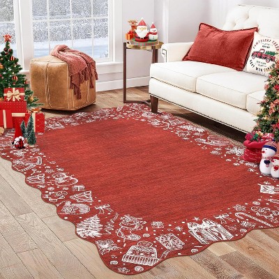 TackView Christmas Runner Rug, Non-Slip Living Room Carpet, Stain-Resistant Indoor Scalloped Rug, for Bedroom, Kitchen