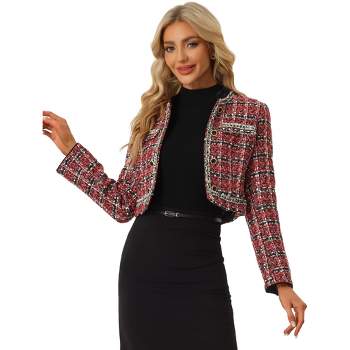 Allegra K Women's Double Breasted Open Front Elegant Plaid Tweed Crop Blazer
