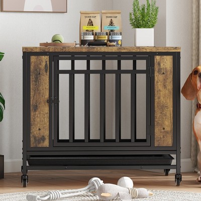 Vintage Wooden Dog House Table with Iron Door & Tray, Indoor Crate for Small & Medium Dogs - Nertpow