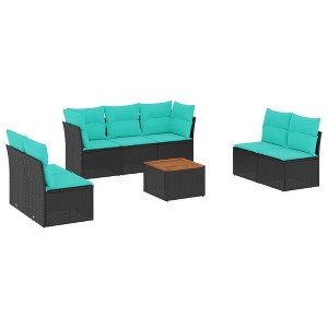 vidaXL 8 Piece Patio Sofa Set with Cushions Black Poly Rattan - Table + 5x Middle + 2x Corner - 1 of 4